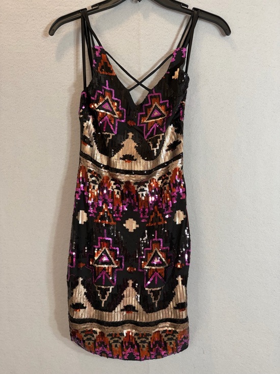 City Triangles Dresses & Skirts - Sequin Mini Dress Size 1 Black Pink Geometric Aztec Strappy Party